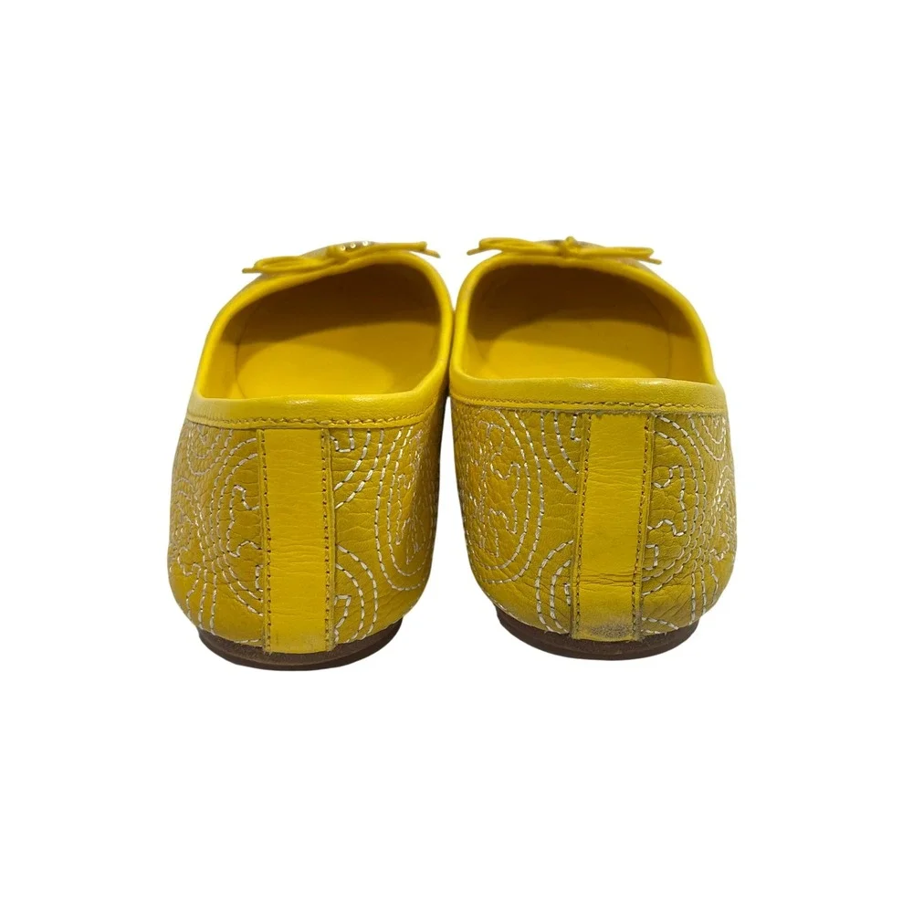 Tory‎ Burch Chelsea Stitched Ballet Flats Yellow Stitched Logo Leather 6.5M